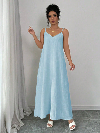 Rafferiza 1pc Women Casual Adjustable Strap Loose A-Line Mid-Length Dress Maxi Women Outfit