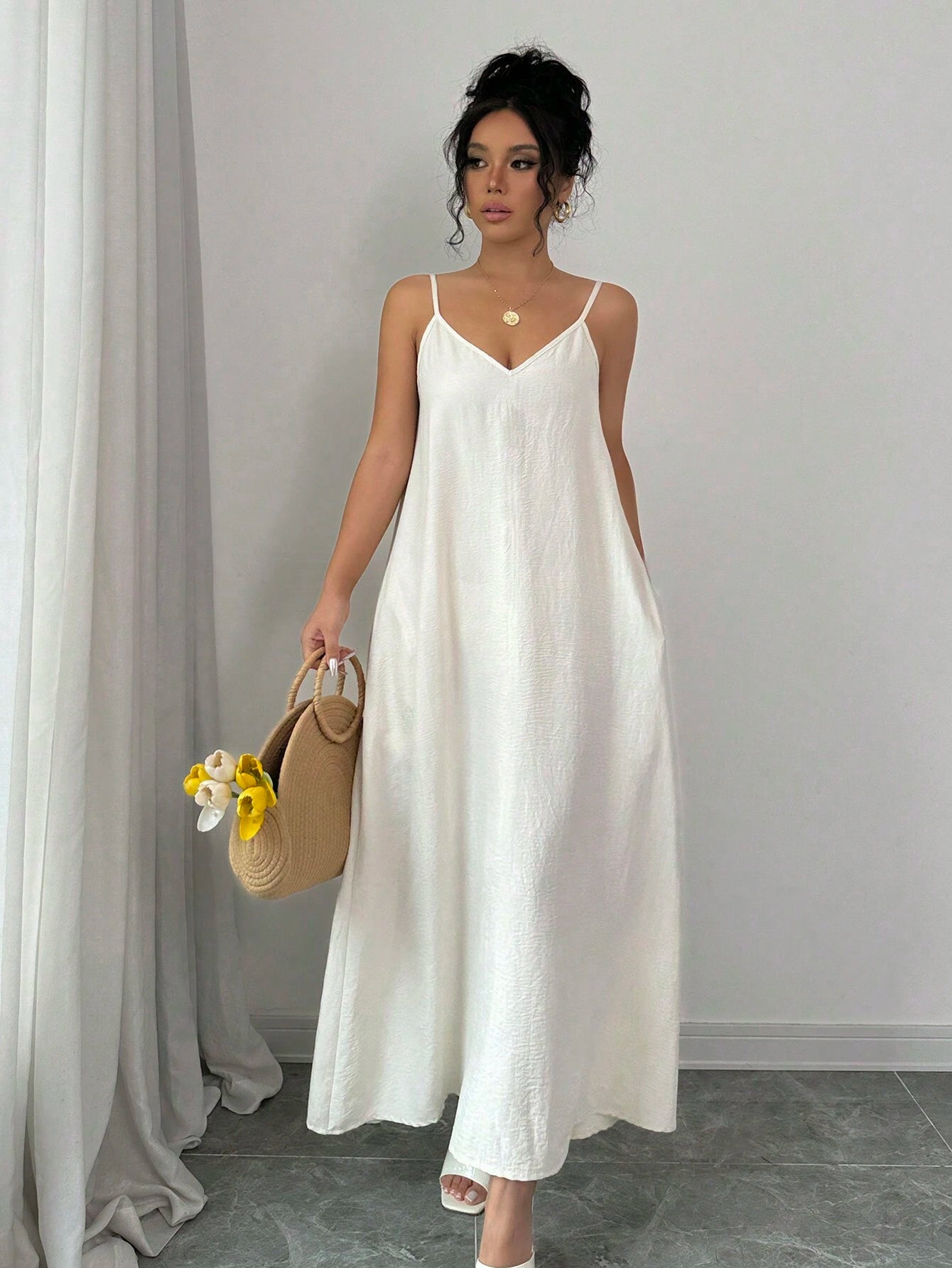 Rafferiza 1pc Women Casual Adjustable Strap Loose A-Line Mid-Length Dress Maxi Women Outfit