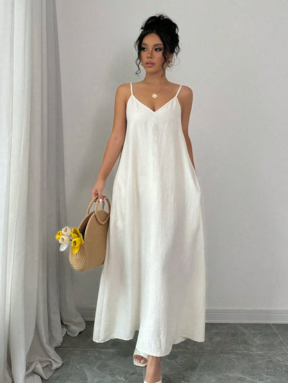 Rafferiza 1pc Women Casual Adjustable Strap Loose A-Line Mid-Length Dress Maxi Women Outfit