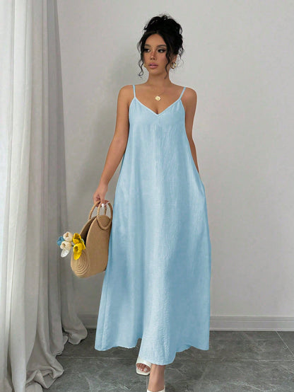 Rafferiza 1pc Women Casual Adjustable Strap Loose A-Line Mid-Length Dress Maxi Women Outfit