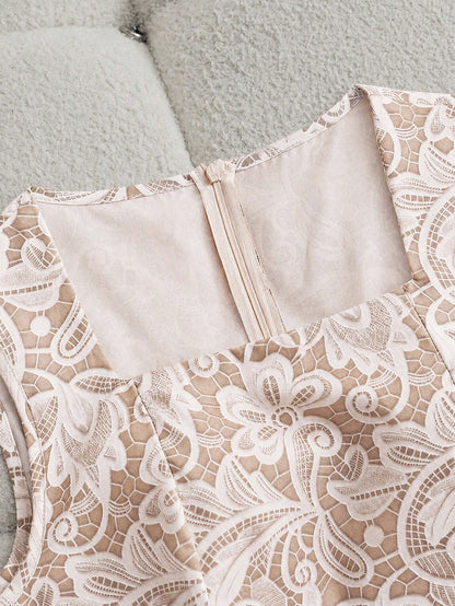 Rafferiza Lace 3D Printed Square Neck Elegant Dress, Comfortable Slimming Fit For Daily Commute And Work, 2026 Summer New Women's Sleeveless Party And Gathering Dress, White Lace Sleeveless Waist-Defi