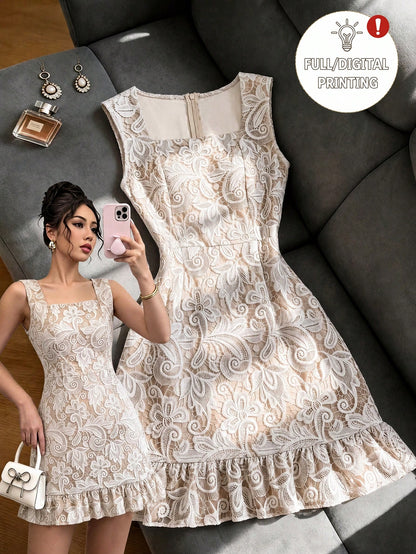 Rafferiza Lace 3D Printed Square Neck Elegant Dress, Comfortable Slimming Fit For Daily Commute And Work, 2026 Summer New Women's Sleeveless Party And Gathering Dress, White Lace Sleeveless Waist-Defi