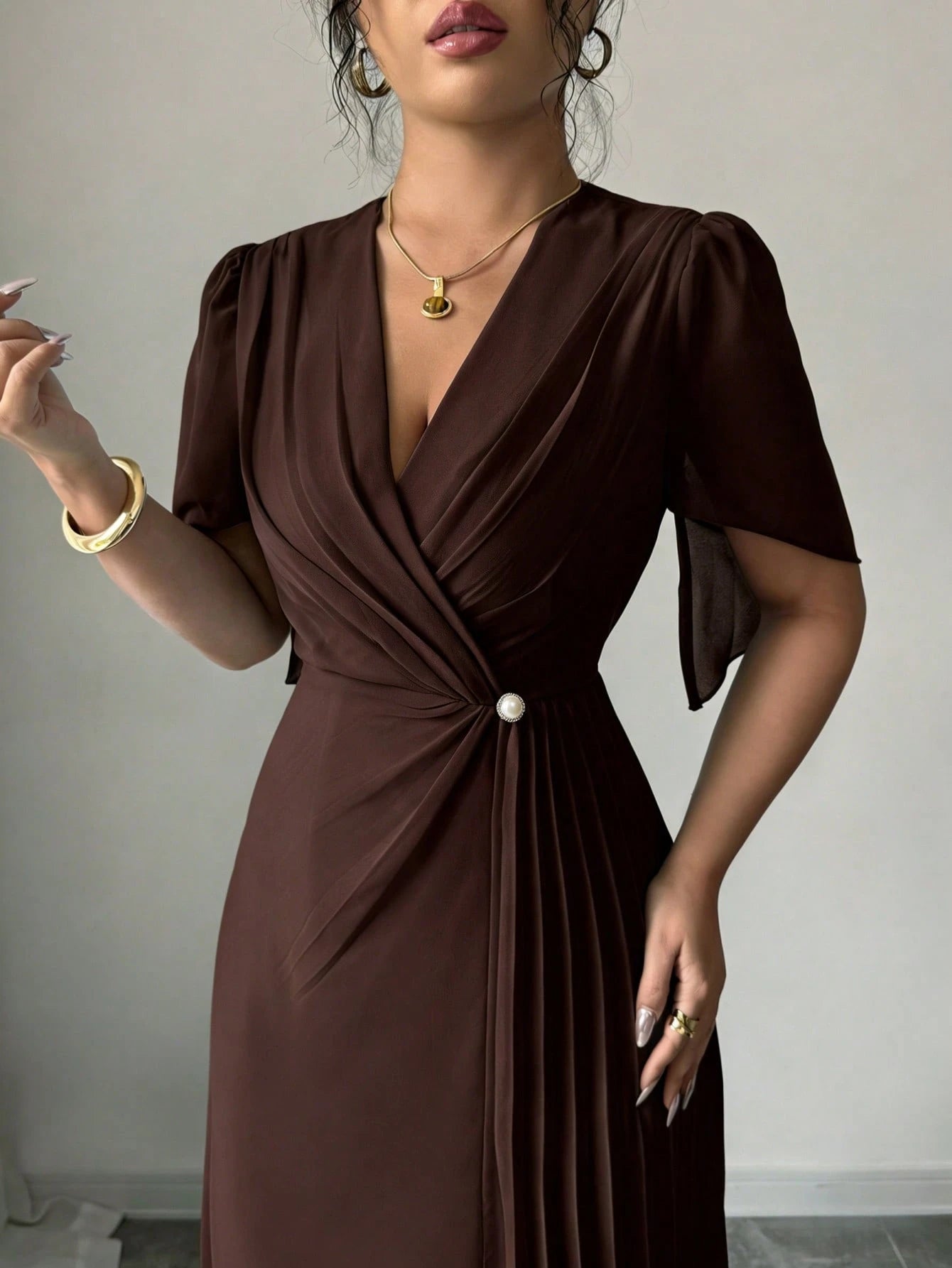Rafferiza Solid Color Chiffon Fashionable Cinched Waist Elegant Pleated Dress