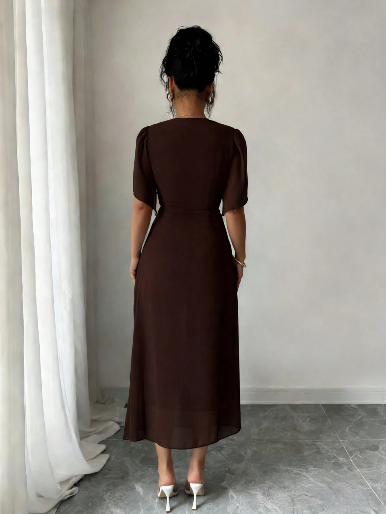 Rafferiza Solid Color Chiffon Fashionable Cinched Waist Elegant Pleated Dress