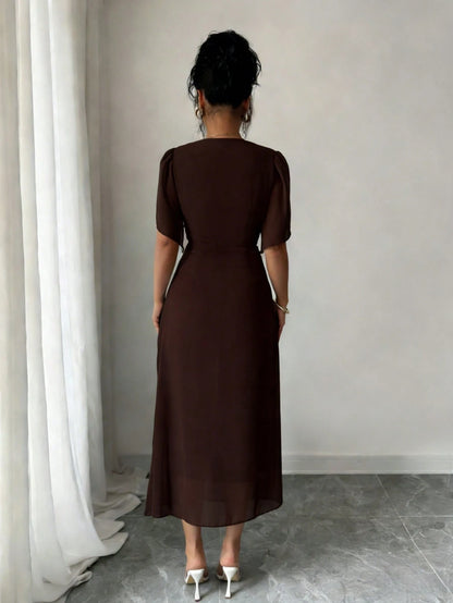 Rafferiza Solid Color Chiffon Fashionable Cinched Waist Elegant Pleated Dress