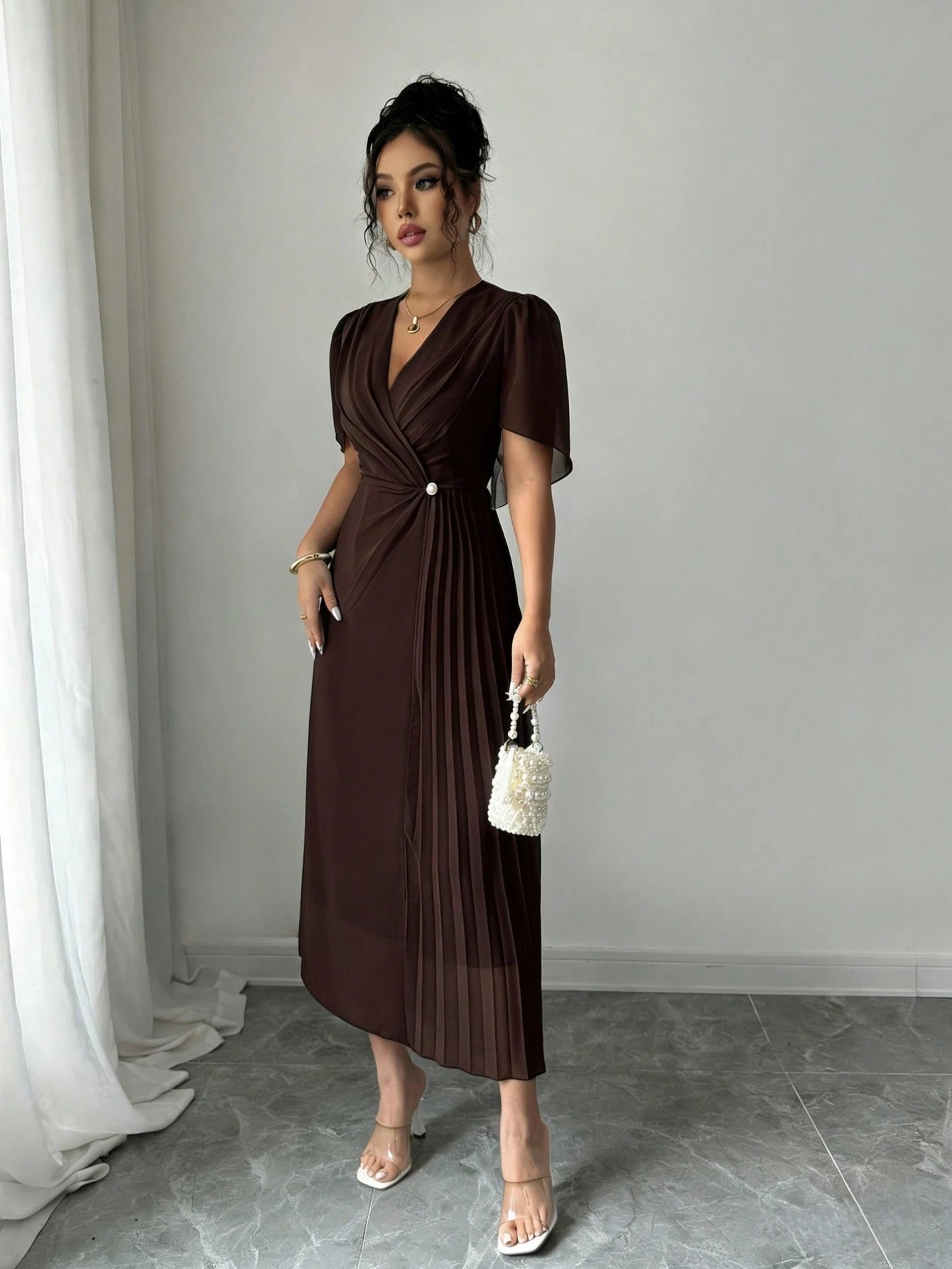 Rafferiza Solid Color Chiffon Fashionable Cinched Waist Elegant Pleated Dress