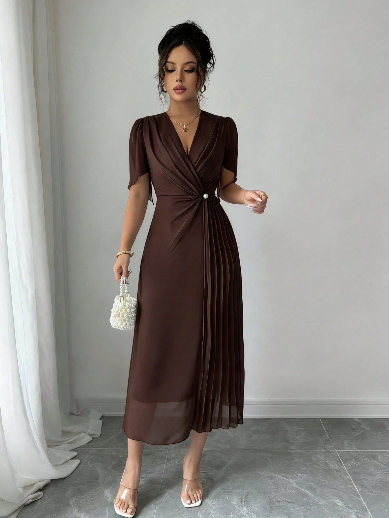Rafferiza Solid Color Chiffon Fashionable Cinched Waist Elegant Pleated Dress
