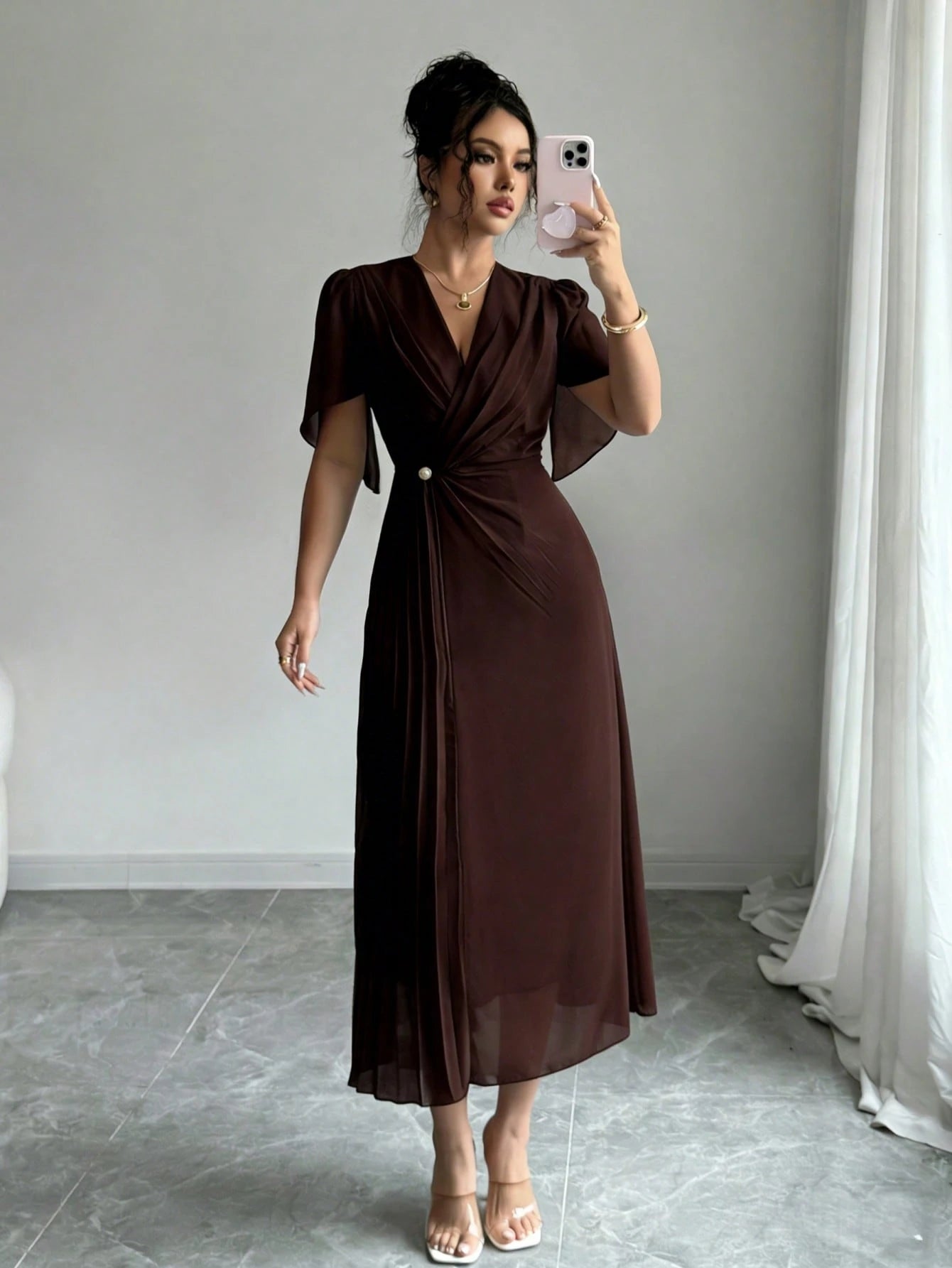 Rafferiza Solid Color Chiffon Fashionable Cinched Waist Elegant Pleated Dress