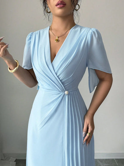 Rafferiza Solid Color Chiffon Fashionable Cinched Waist Elegant Pleated Dress