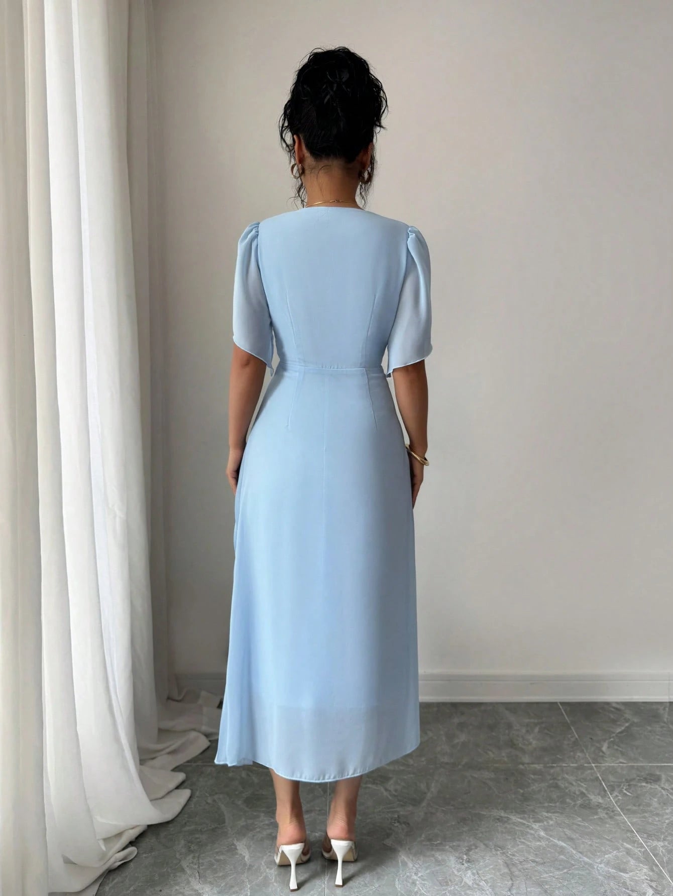 Rafferiza Solid Color Chiffon Fashionable Cinched Waist Elegant Pleated Dress
