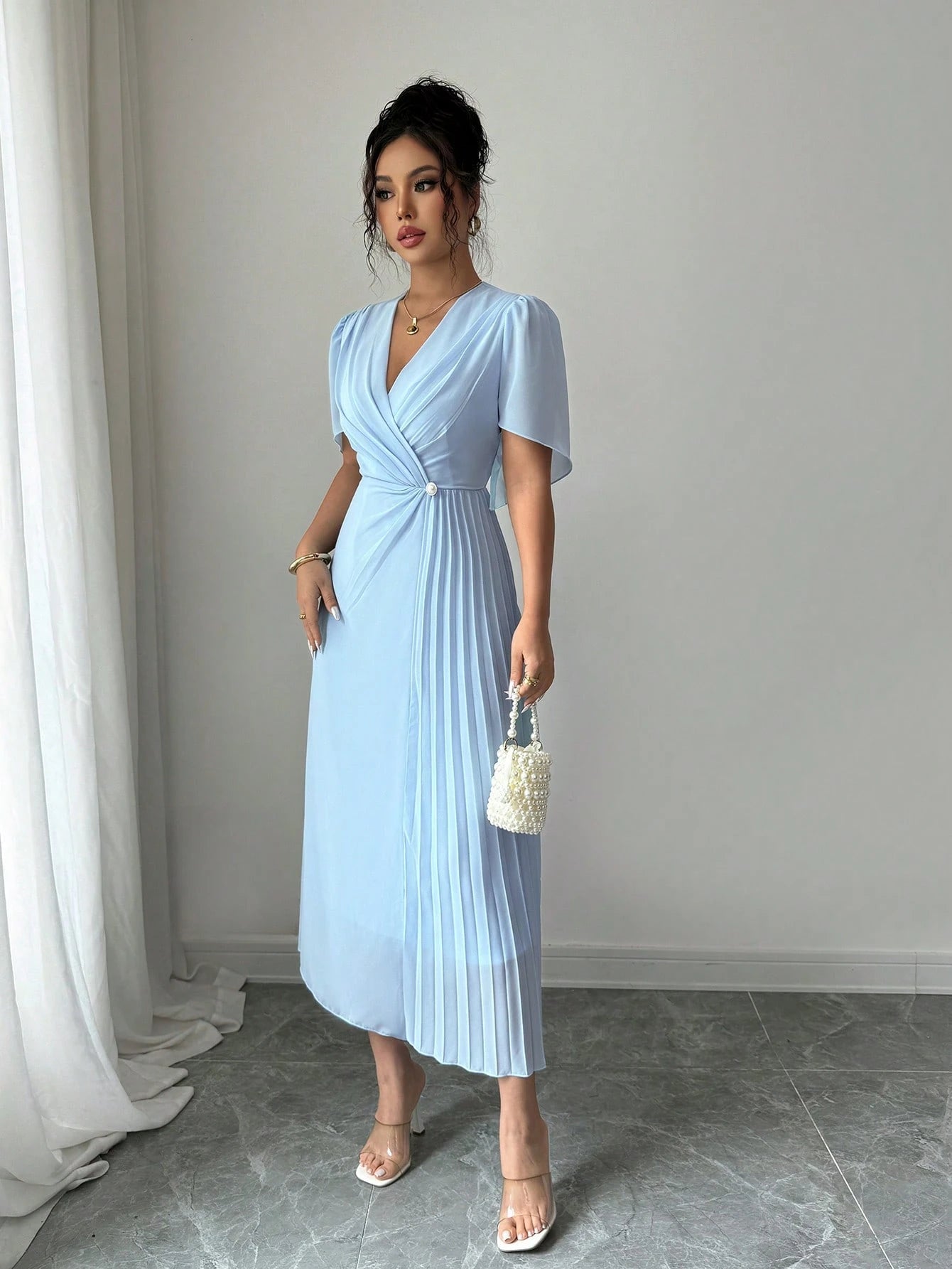 Rafferiza Solid Color Chiffon Fashionable Cinched Waist Elegant Pleated Dress