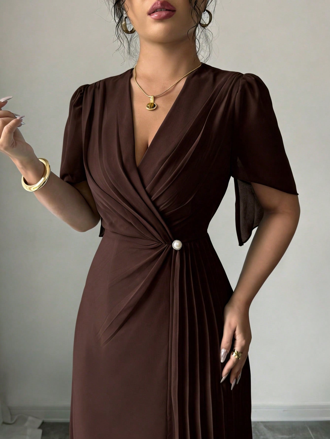 Rafferiza Solid Color Chiffon Fashionable Cinched Waist Elegant Pleated Dress
