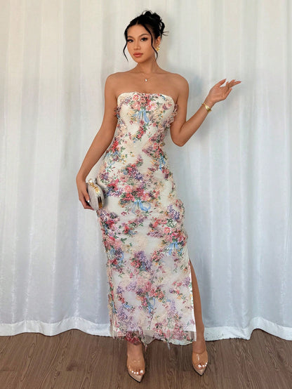Rafferiza Women's Elegant 3D Mesh Print Ruched Waist Bodycon Slit Dress