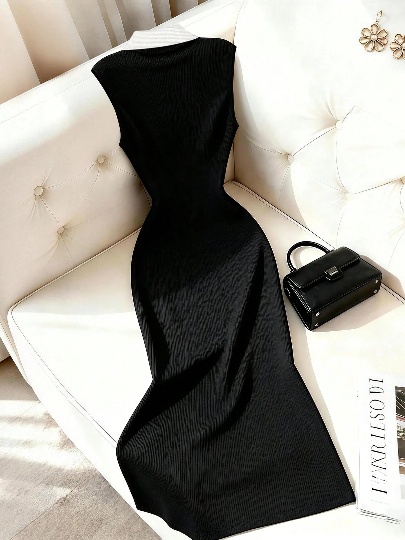 Raffinéa Black And White Color Block Lapel Metal Button Waist-Cinching Bodycon Sleeveless Dress Teachers' Day Outfit Women's Party Brunch Office Summer Mature