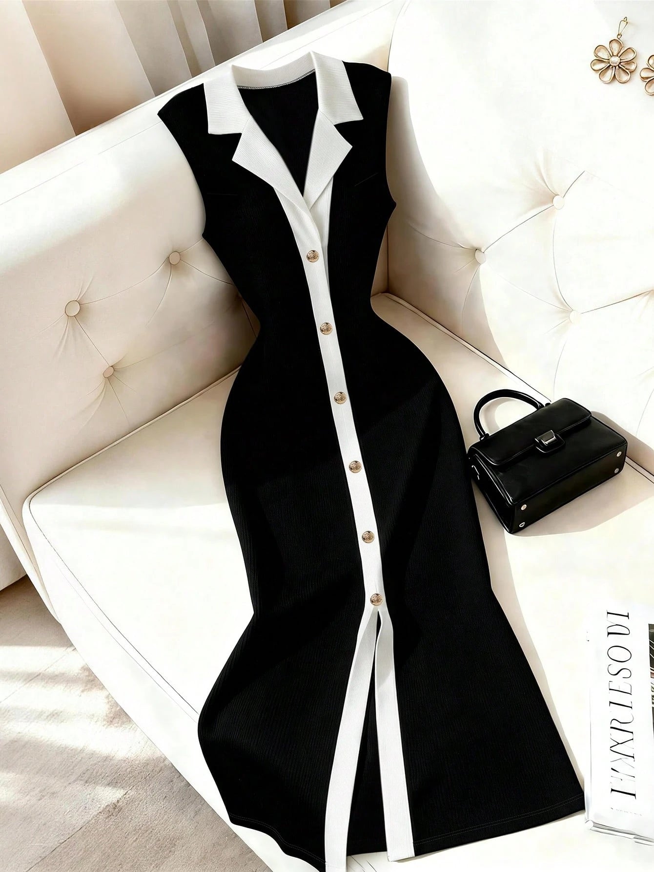 Raffinéa Black And White Color Block Lapel Metal Button Waist-Cinching Bodycon Sleeveless Dress Teachers' Day Outfit Women's Party Brunch Office Summer Mature