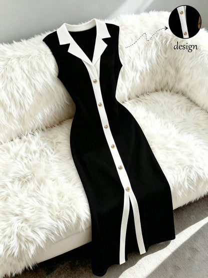 Raffinéa Black And White Color Block Lapel Metal Button Waist-Cinching Bodycon Sleeveless Dress Teachers' Day Outfit Women's Party Brunch Office Summer Mature
