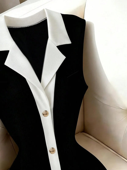 Raffinéa Black And White Color Block Lapel Metal Button Waist-Cinching Bodycon Sleeveless Dress Teachers' Day Outfit Women's Party Brunch Office Summer Mature