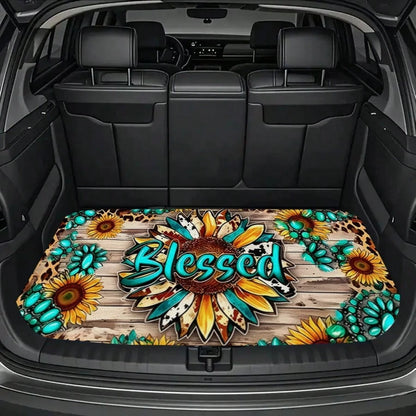Ral Trunk- Sunflower And Turquoise Gemstone Design With '' Text On Wood Background- SUV/Truck Bed- Easy To Clean, Suitable, Trucks And SUVs- Heavy-Duty Cargo Floor- Universal Fit Vehicle Interior