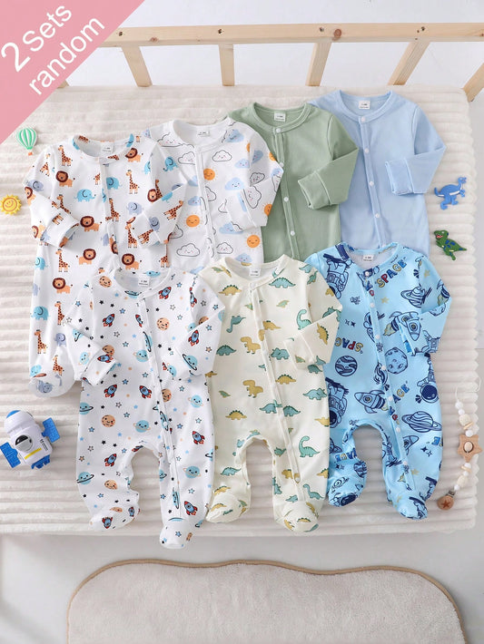 [Random 7pcs, Send 2pcs] Newborn Baby Home Romper, Unisex Long Sleeve Snap Button Bodysuit, Dinosaur Elephant Car Cartoon Print, Soft Skin-Friendly For All Seasons Home Or Outdoor Wear