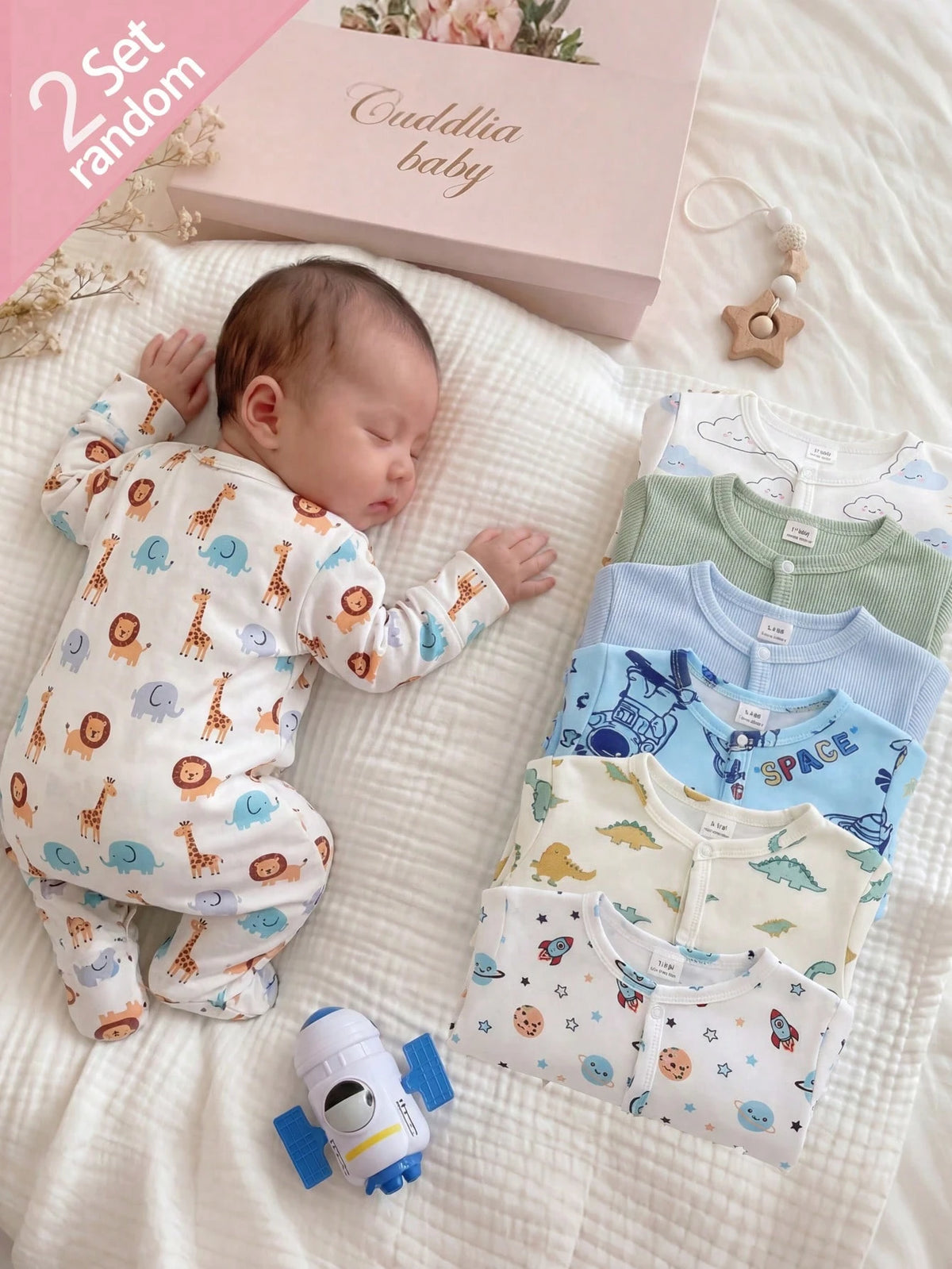 [Random 7pcs, Send 2pcs] Newborn Baby Home Romper, Unisex Long Sleeve Snap Button Bodysuit, Dinosaur Elephant Car Cartoon Print, Soft Skin-Friendly For All Seasons Home Or Outdoor Wear