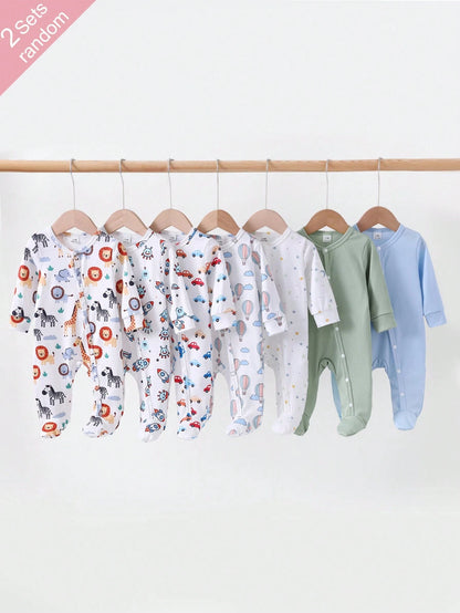 [Random 7pcs, Send 2pcs] Newborn Baby Home Romper, Unisex Long Sleeve Snap Button Bodysuit, Dinosaur Elephant Car Cartoon Print, Soft Skin-Friendly For All Seasons Home Or Outdoor Wear