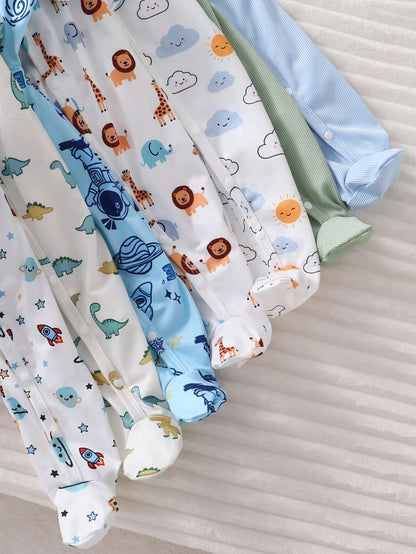 [Random 7pcs, Send 2pcs] Newborn Baby Home Romper, Unisex Long Sleeve Snap Button Bodysuit, Dinosaur Elephant Car Cartoon Print, Soft Skin-Friendly For All Seasons Home Or Outdoor Wear
