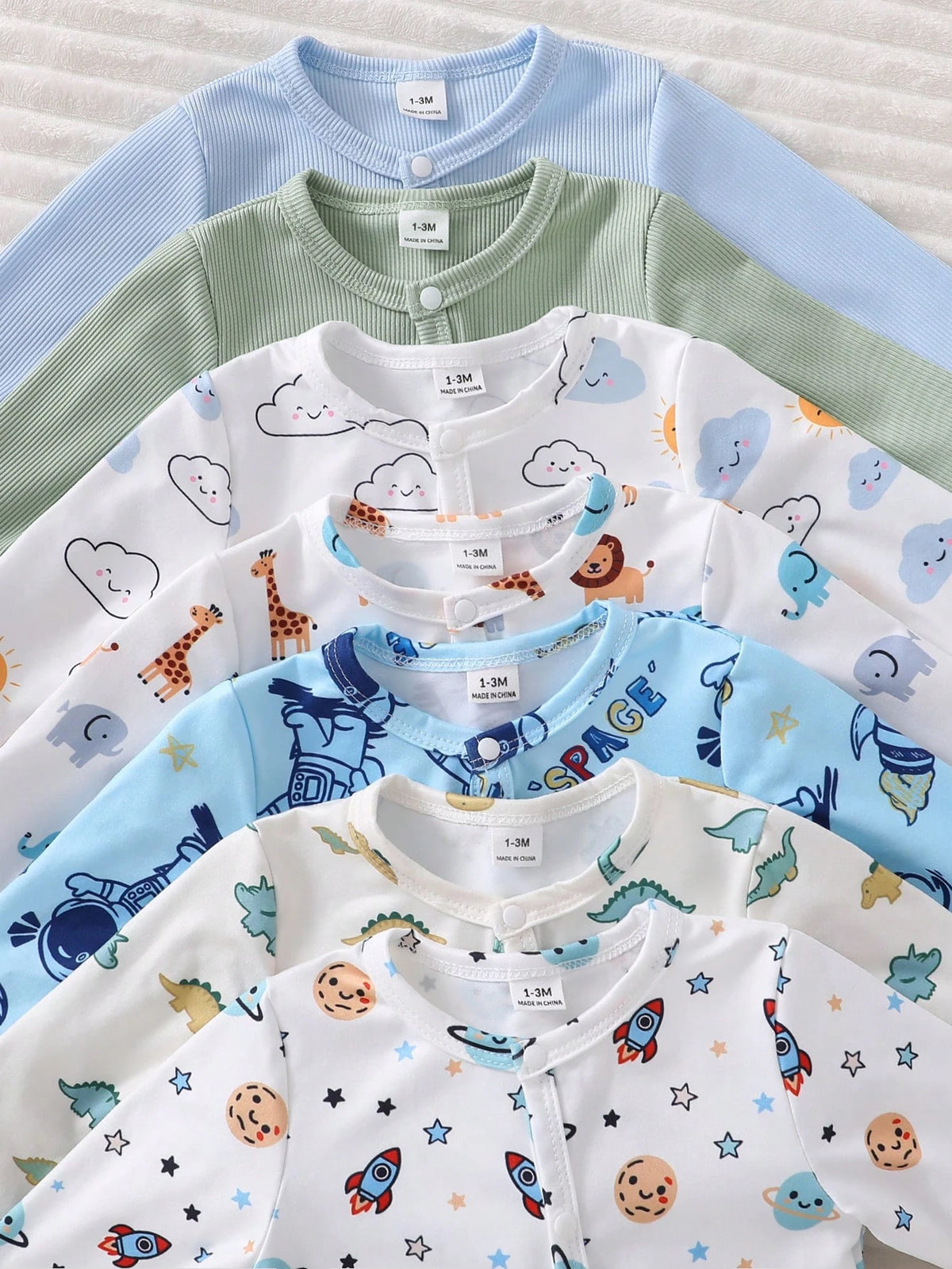 [Random 7pcs, Send 2pcs] Newborn Baby Home Romper, Unisex Long Sleeve Snap Button Bodysuit, Dinosaur Elephant Car Cartoon Print, Soft Skin-Friendly For All Seasons Home Or Outdoor Wear