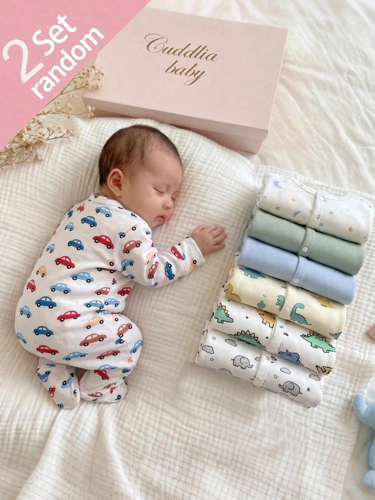 [Random 7pcs, Send 2pcs] Newborn Baby Home Romper, Unisex Long Sleeve Snap Button Bodysuit, Dinosaur Elephant Car Cartoon Print, Soft Skin-Friendly For All Seasons Home Or Outdoor Wear