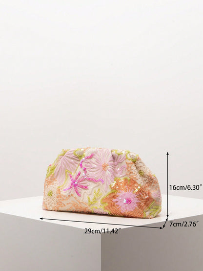 (Random Pattern) Women's Clutch Bag, Floral Pattern, Embroidered Bag, Pleated Bag, Party/Evening Wear, Party Accessories, Bride, Wedding Items, Anniversary Gift