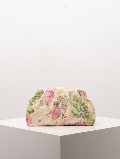 (Random Pattern) Women's Clutch Bag, Floral Pattern, Embroidered Bag, Pleated Bag, Party/Evening Wear, Party Accessories, Bride, Wedding Items, Anniversary Gift