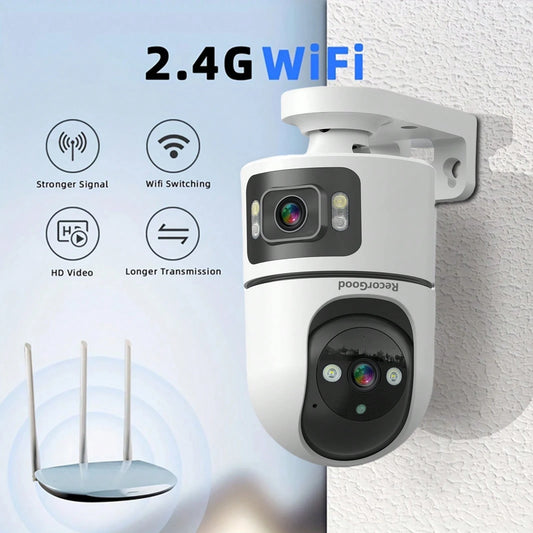 RecorGood 1pc/2pcs 2K Outdoor PTZ Wireless IP Camera, 2.4GHz WiFi Dual Lens Dual Screen Auto Tracking Baby Monitor, Security Camera With Color Night Vision, Two-Way Audio, Auto Tracking And AI Motion