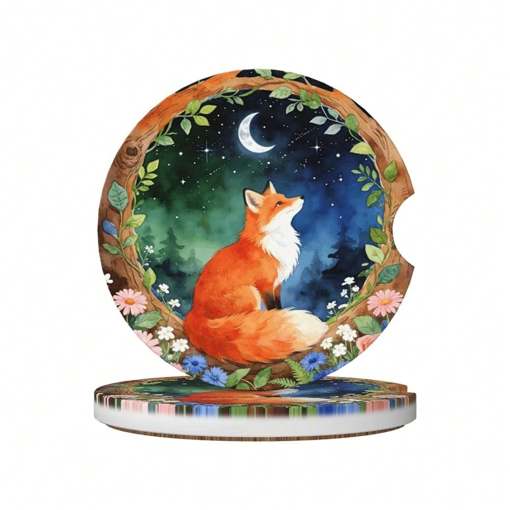 Red Fox 2 Pack Car Cup Holder Coasters Absorbent Ceramic Coaster| Anti Slip Cup Mat With Cork Base And Finger Notch Car Interior Acces