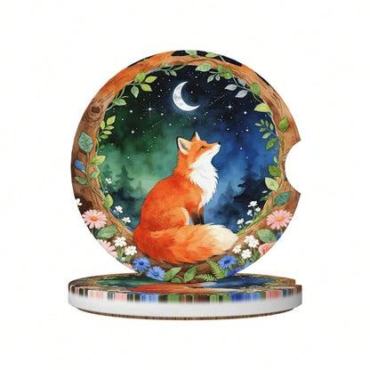 Red Fox 2 Pack Car Cup Holder Coasters Absorbent Ceramic Coaster| Anti Slip Cup Mat With Cork Base And Finger Notch Car Interior Acces
