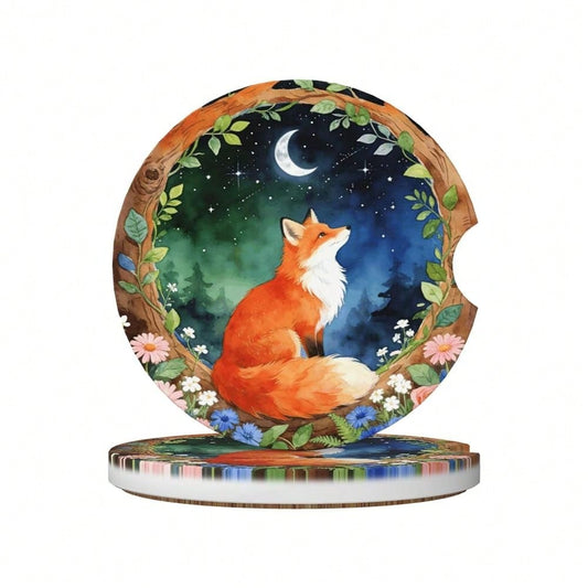 Red Fox 2 Pack Car Cup Holder Coasters Absorbent Ceramic Coaster| Anti Slip Cup Mat With Cork Base And Finger Notch Car Interior Acces