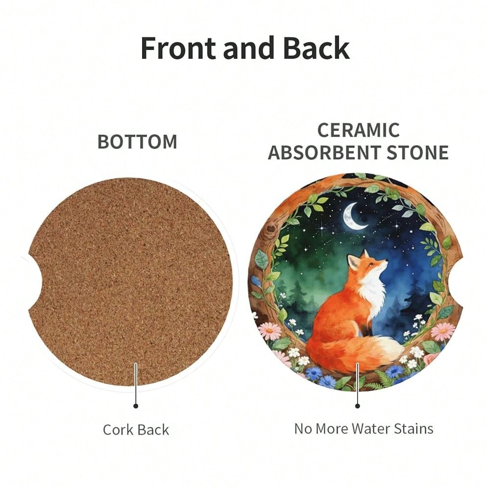 Red Fox 2 Pack Car Cup Holder Coasters Absorbent Ceramic Coaster| Anti Slip Cup Mat With Cork Base And Finger Notch Car Interior Acces