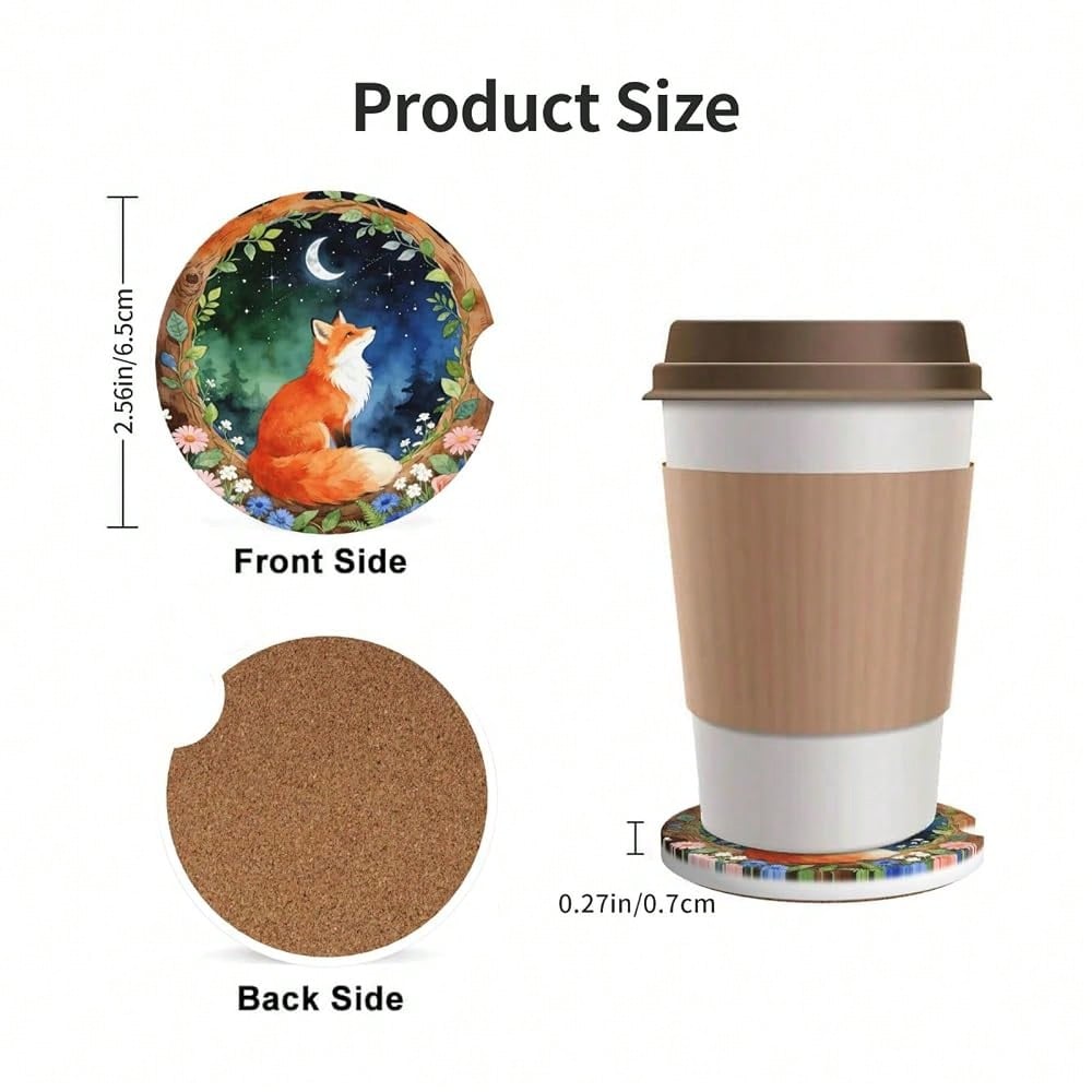 Red Fox 2 Pack Car Cup Holder Coasters Absorbent Ceramic Coaster| Anti Slip Cup Mat With Cork Base And Finger Notch Car Interior Acces