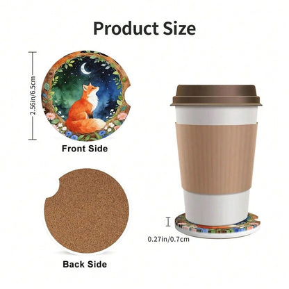 Red Fox 2 Pack Car Cup Holder Coasters Absorbent Ceramic Coaster| Anti Slip Cup Mat With Cork Base And Finger Notch Car Interior Acces
