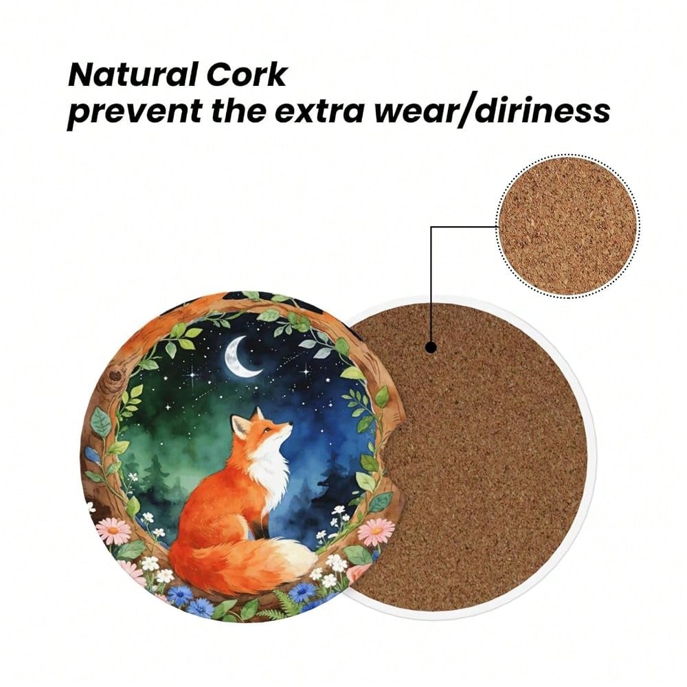 Red Fox 2 Pack Car Cup Holder Coasters Absorbent Ceramic Coaster| Anti Slip Cup Mat With Cork Base And Finger Notch Car Interior Acces