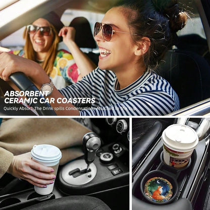 Red Fox 2 Pack Car Cup Holder Coasters Absorbent Ceramic Coaster| Anti Slip Cup Mat With Cork Base And Finger Notch Car Interior Acces