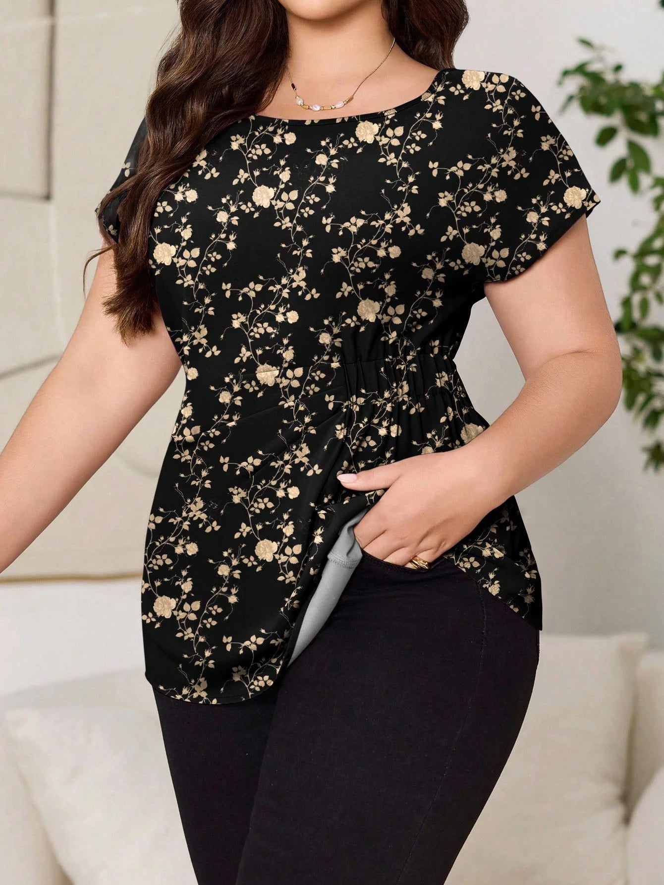 Reflora Plus Size Casual Minimalist Printed Short Sleeve Shirt Spring