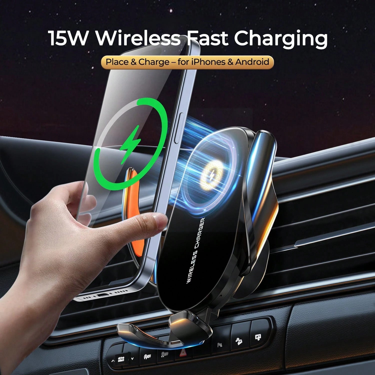 REMAX 15W Fast Charging Car Mount, Infrared Auto Clamp, Triangle Lock Anti-Shake, 360° Rotation, Smart Chip Cool Charging – For 4-7.2" IPhones & Android, IPhone Charger, Type-C Charger