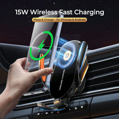 REMAX 15W Fast Charging Car Mount, Infrared Auto Clamp, Triangle Lock Anti-Shake, 360° Rotation, Smart Chip Cool Charging – For 4-7.2" IPhones & Android, IPhone Charger, Type-C Charger