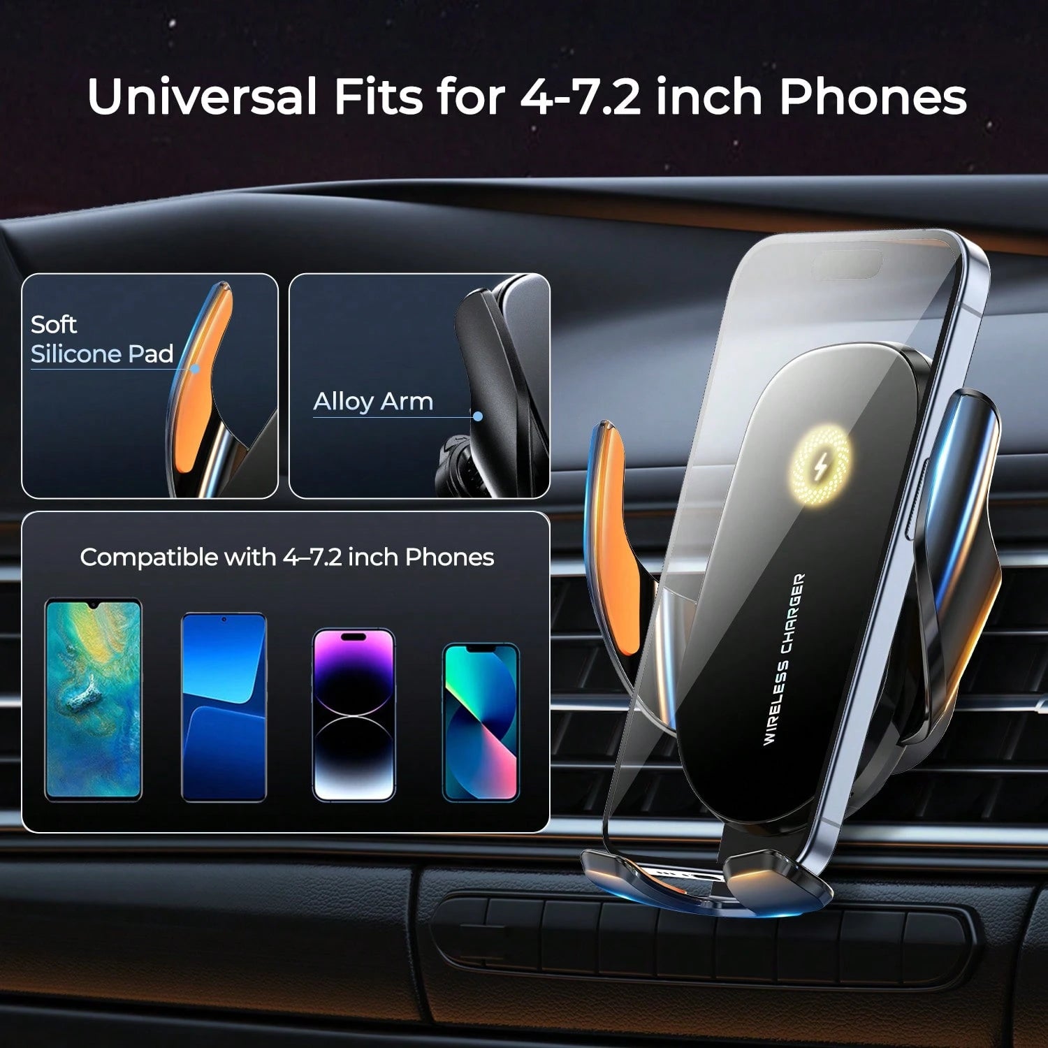 REMAX 15W Fast Charging Car Mount, Infrared Auto Clamp, Triangle Lock Anti-Shake, 360° Rotation, Smart Chip Cool Charging – For 4-7.2" IPhones & Android, IPhone Charger, Type-C Charger