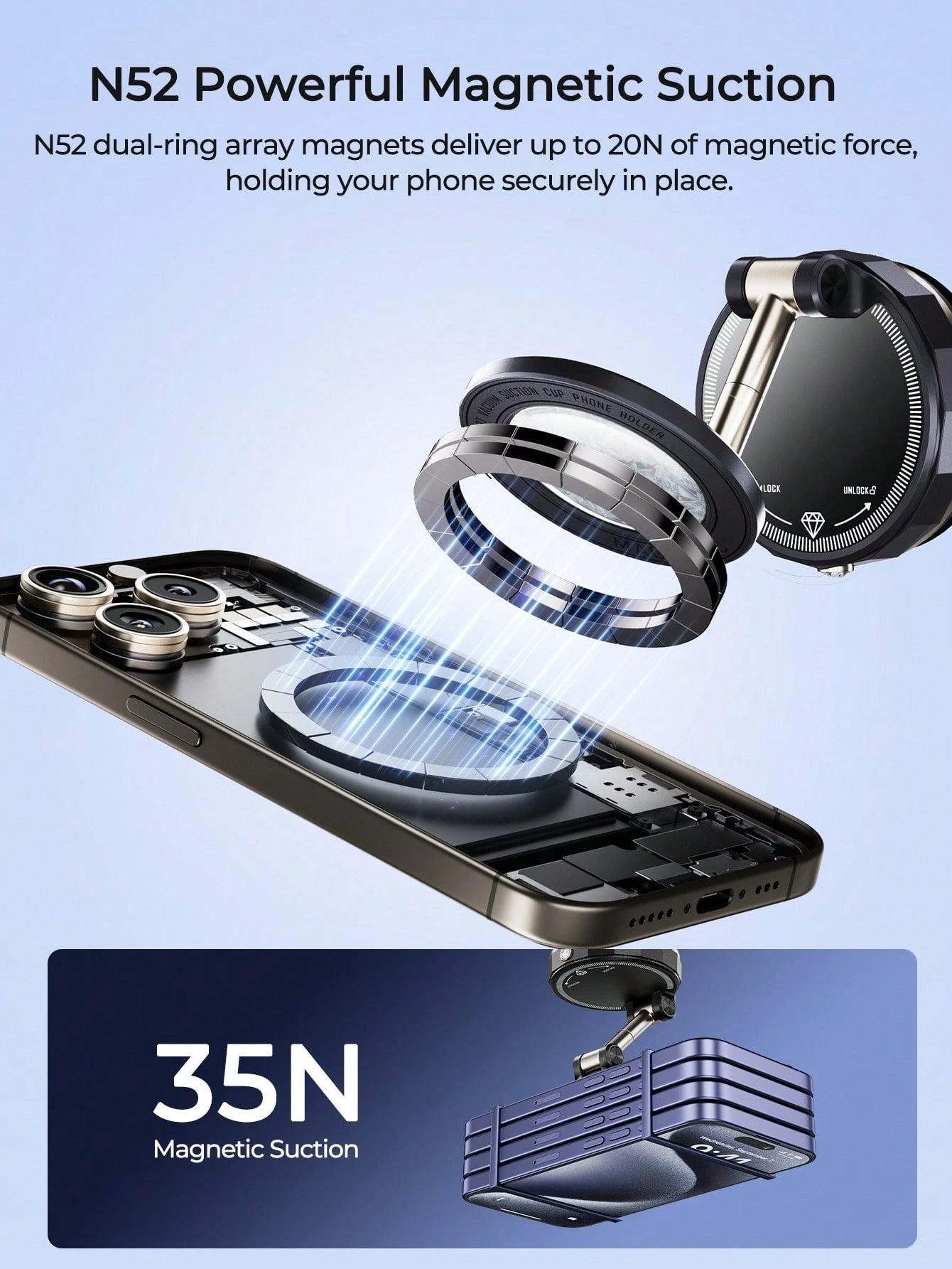 REMAX 720° 3‑Axis Car Magnetic Mount, N52 Powerful Magnetic Suction, Zinc Alloy Arm, Vacuum Suction Cup, Universal For All Phones, Car Accessories, Car Stuff, Car Essentials