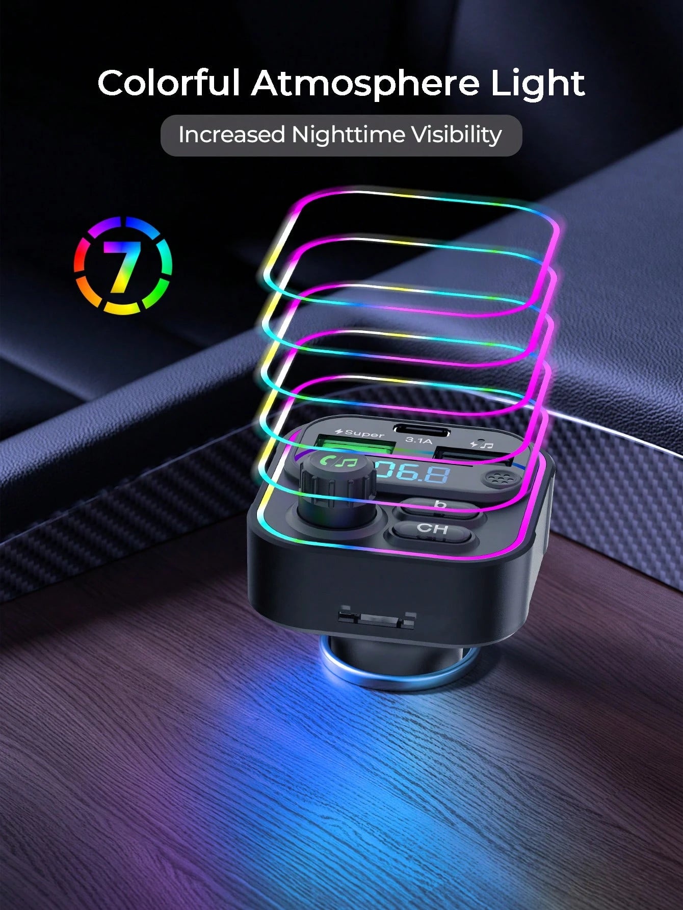 REMAX Bluetooth 5.3 FM Transmitter Car Charger With RGB Lights, 3-Port 22.5W Fast Charging, USB-C & Dual USB-A Ports, Hands-Free Calls, Music Playback & Auto Reconnect, Type-C Charger, IPhone Charger
