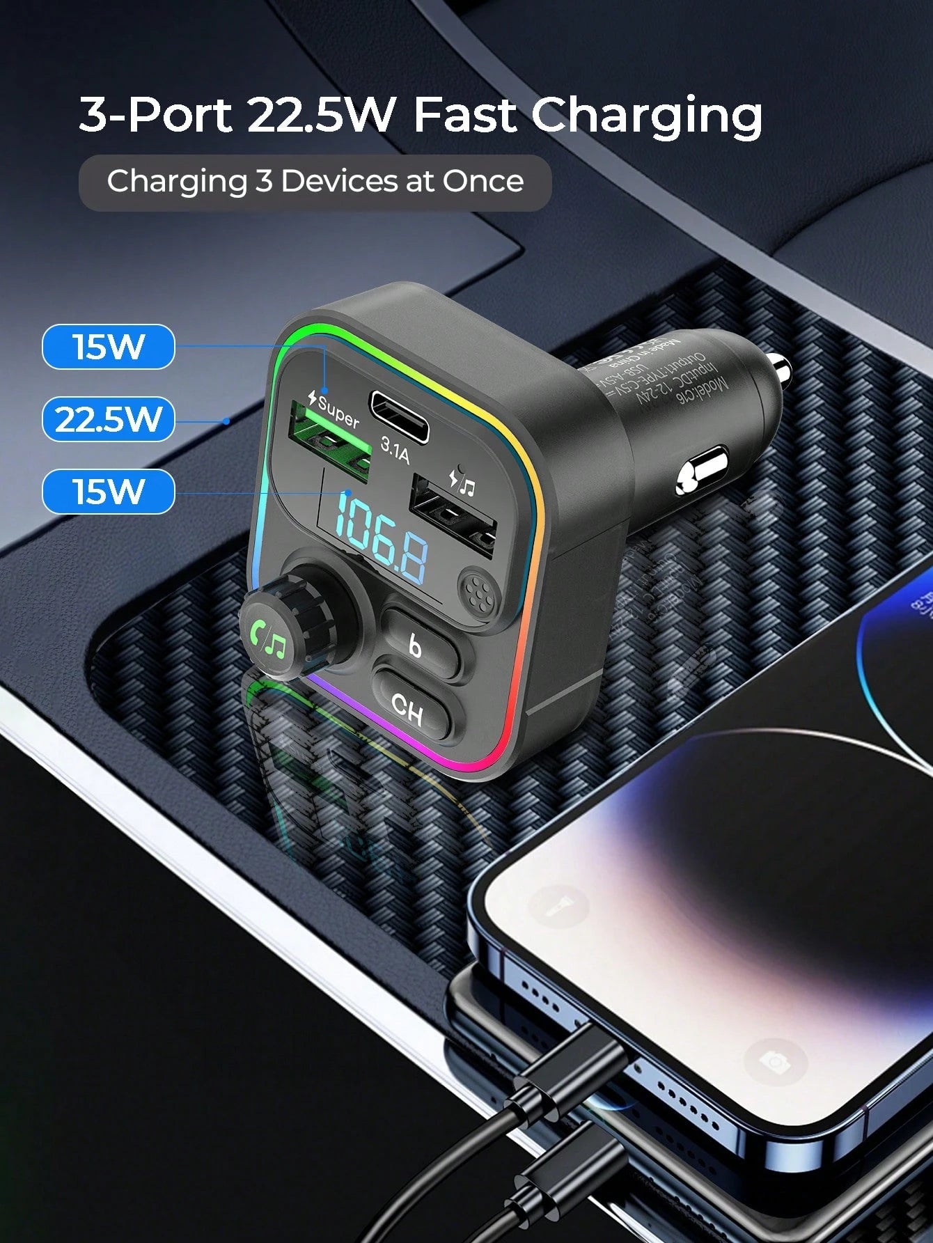 REMAX Bluetooth 5.3 FM Transmitter Car Charger With RGB Lights, 3-Port 22.5W Fast Charging, USB-C & Dual USB-A Ports, Hands-Free Calls, Music Playback & Auto Reconnect, Type-C Charger, IPhone Charger