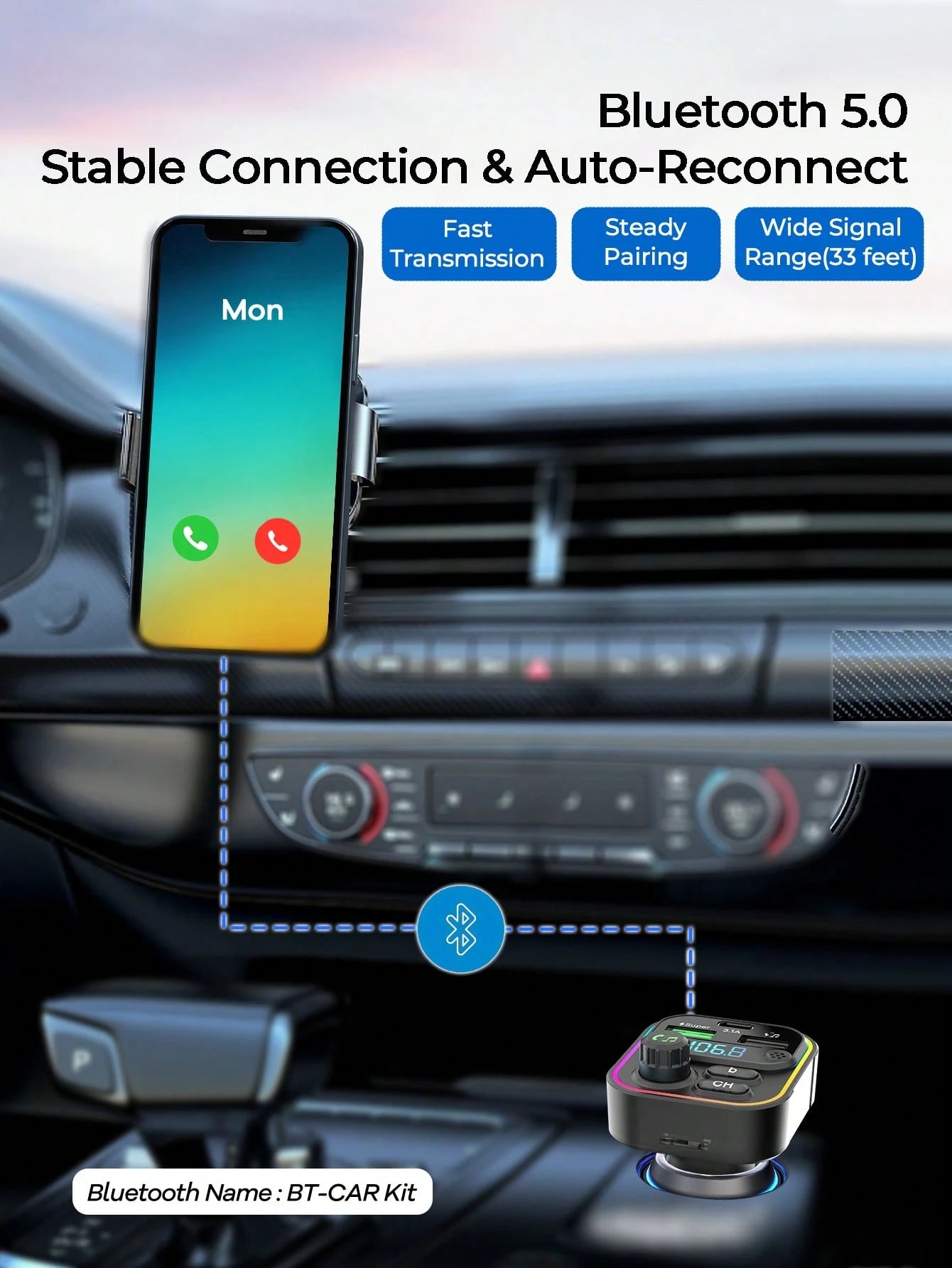 REMAX Bluetooth 5.3 FM Transmitter Car Charger With RGB Lights, 3-Port 22.5W Fast Charging, USB-C & Dual USB-A Ports, Hands-Free Calls, Music Playback & Auto Reconnect, Type-C Charger, IPhone Charger