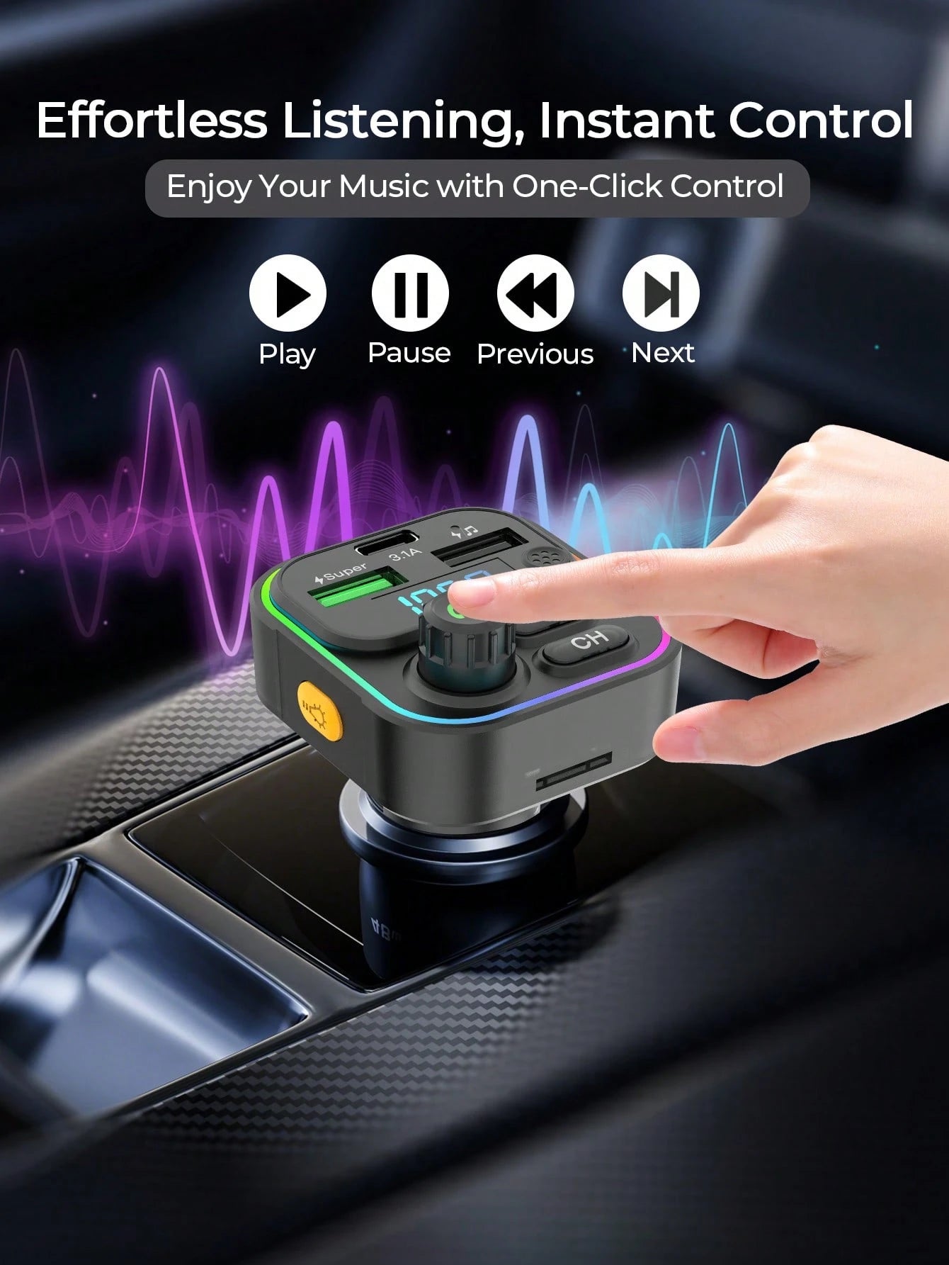 REMAX Bluetooth 5.3 FM Transmitter Car Charger With RGB Lights, 3-Port 22.5W Fast Charging, USB-C & Dual USB-A Ports, Hands-Free Calls, Music Playback & Auto Reconnect, Type-C Charger, IPhone Charger