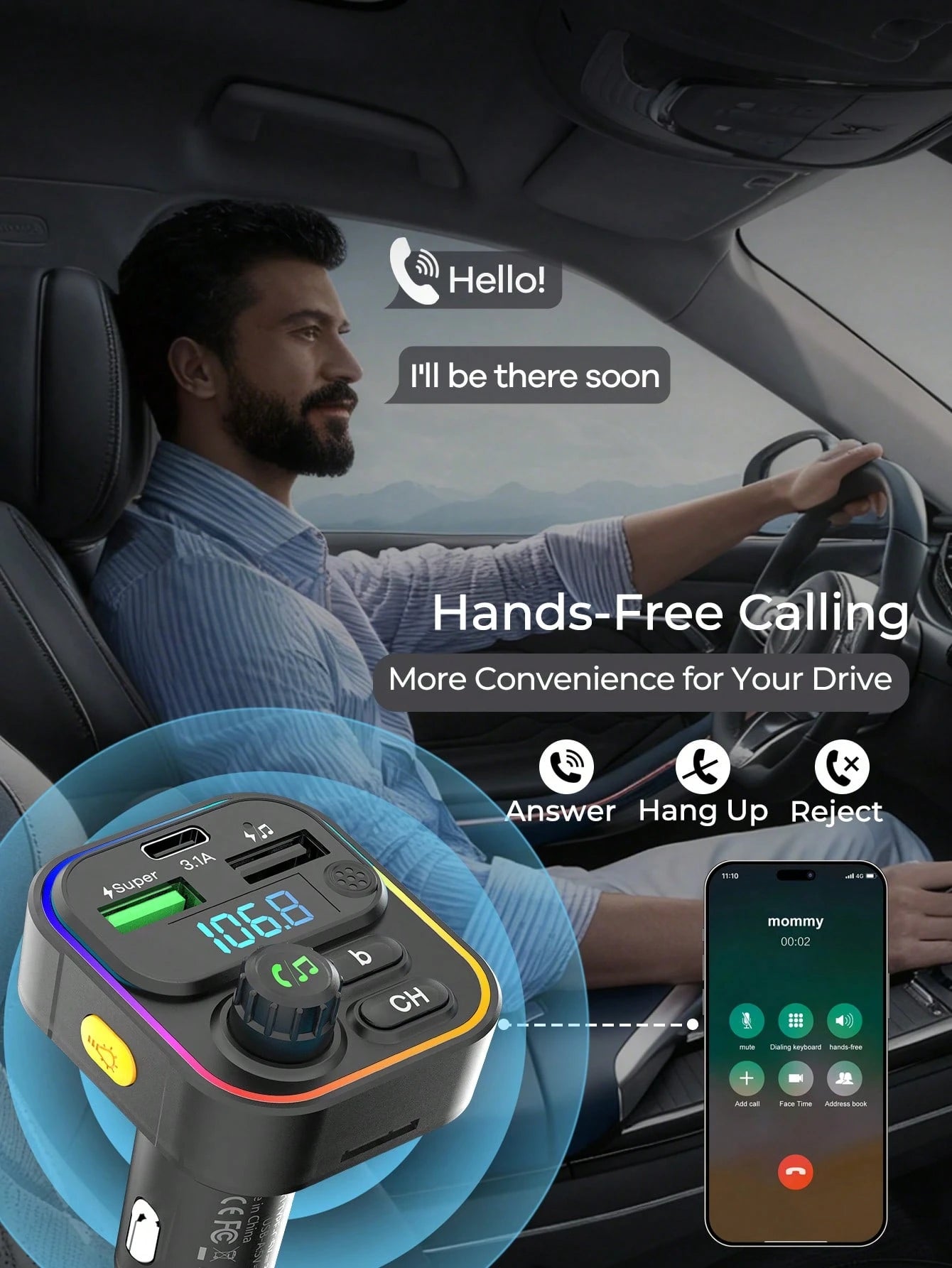 REMAX Bluetooth 5.3 FM Transmitter Car Charger With RGB Lights, 3-Port 22.5W Fast Charging, USB-C & Dual USB-A Ports, Hands-Free Calls, Music Playback & Auto Reconnect, Type-C Charger, IPhone Charger