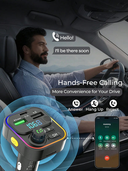 REMAX Bluetooth 5.3 FM Transmitter Car Charger With RGB Lights, 3-Port 22.5W Fast Charging, USB-C & Dual USB-A Ports, Hands-Free Calls, Music Playback & Auto Reconnect, Type-C Charger, IPhone Charger